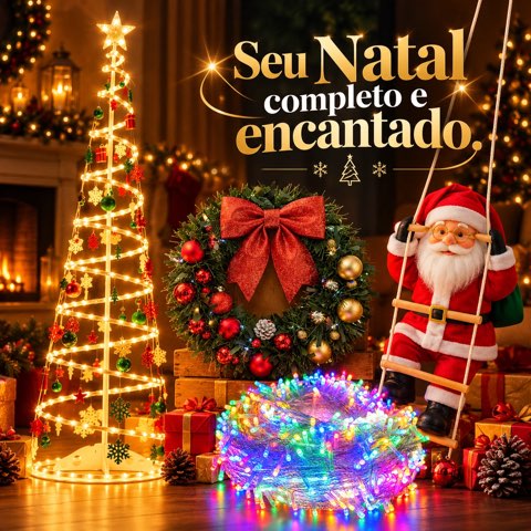 Kit natalino completo: árvore espiral LED, guirlanda, pisca-pisca e Papai Noel