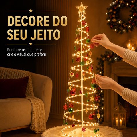 Pessoa pendurando enfeites na árvore espiral acesa
